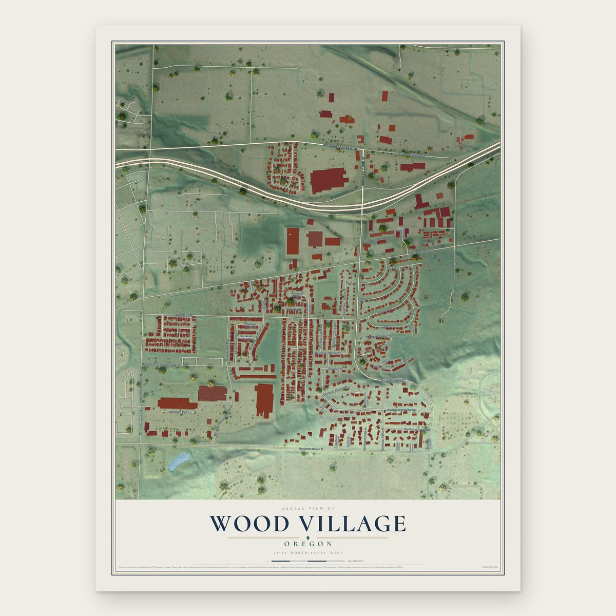 Wood Village, Oregon map print, the full design