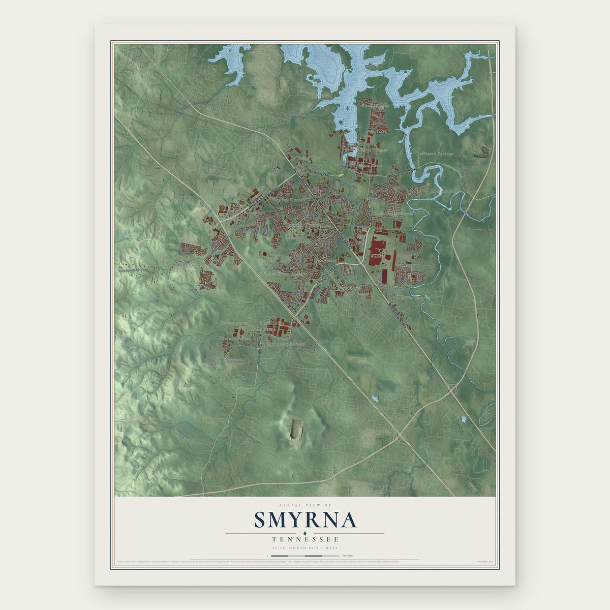 Smyrna, Tennessee map print, the full design