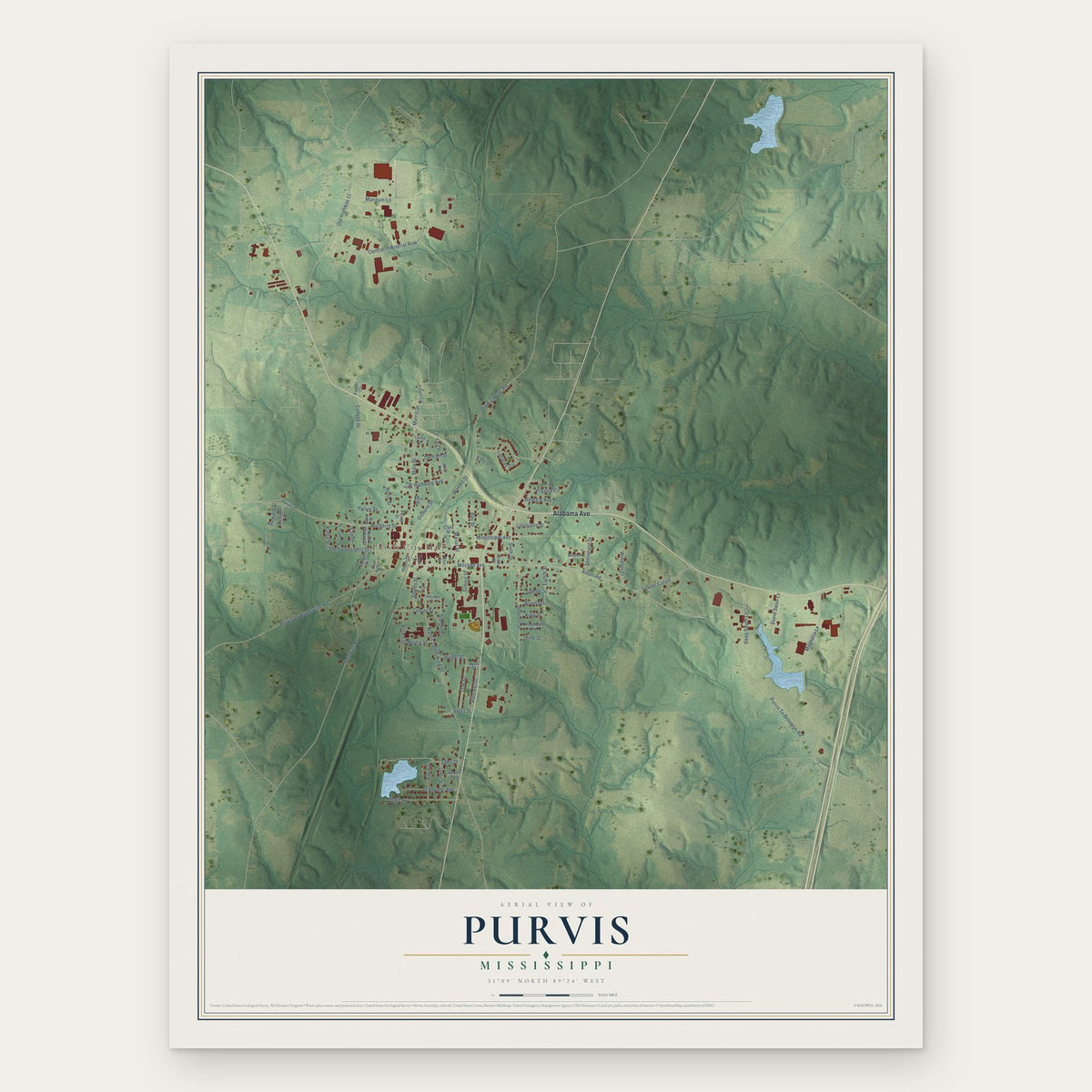 Purvis, Mississippi map print, the full design