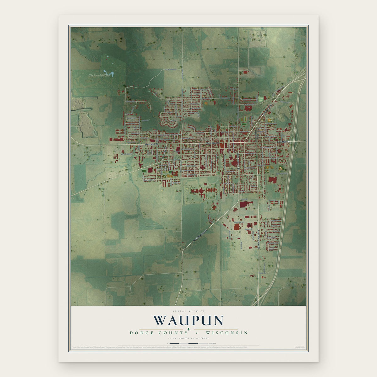 Waupun, Dodge County, Wisconsin map print, the full design
