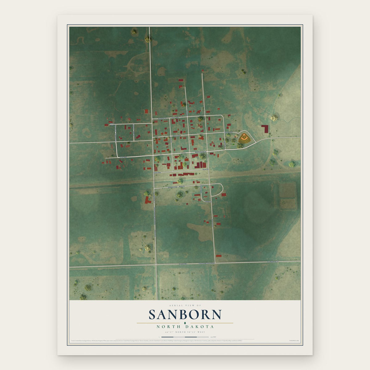Sanborn, North Dakota map print, the full design