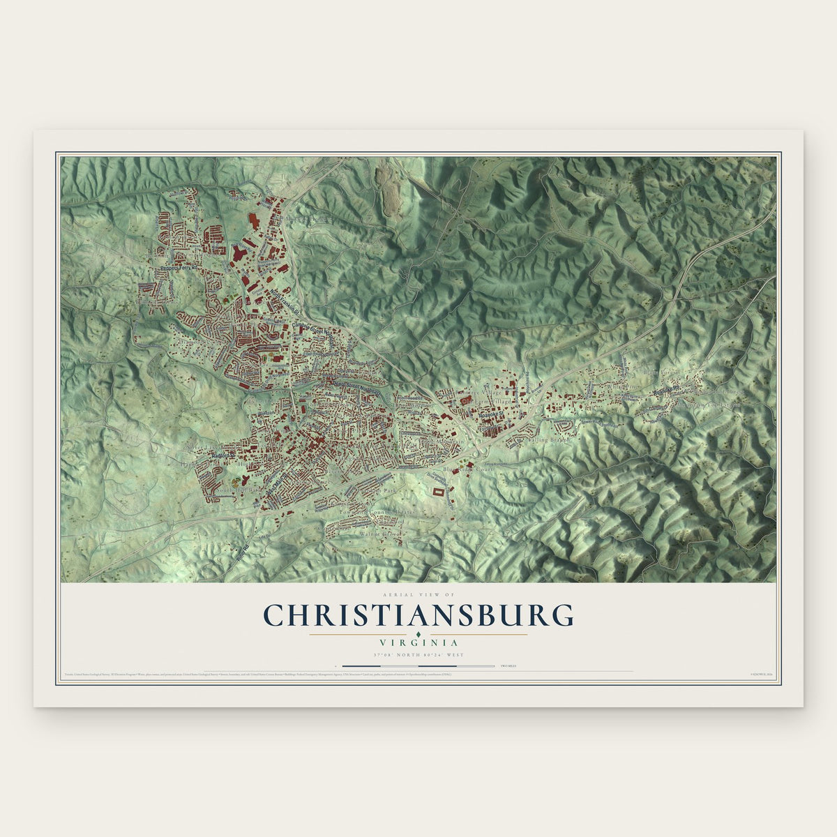 Christiansburg, Virginia map print, the full design