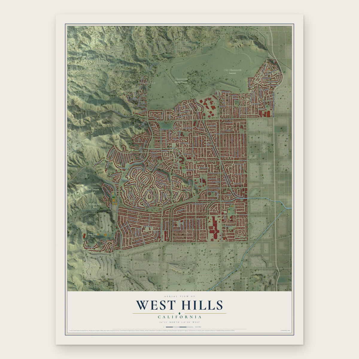 West Hills, California map print, the full design