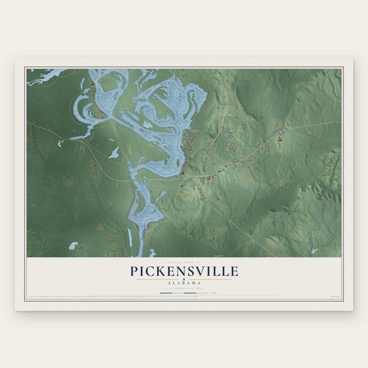 Pickensville, Alabama map print, the full design