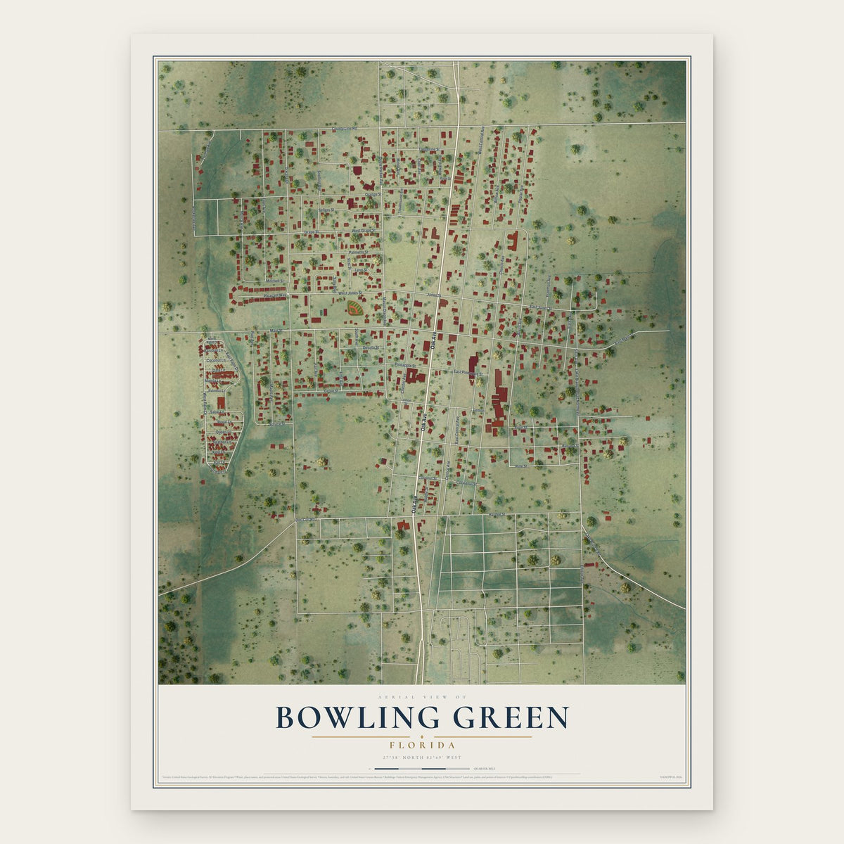 Bowling Green, Florida map print, the full design