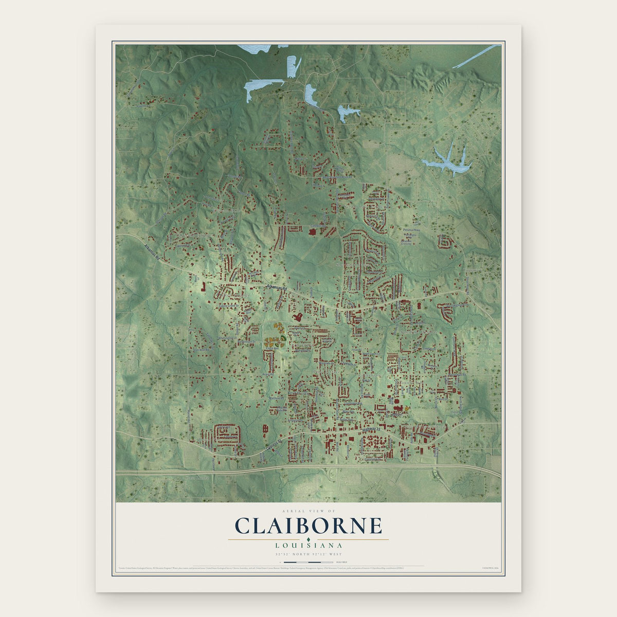 Claiborne, Louisiana map print, the full design