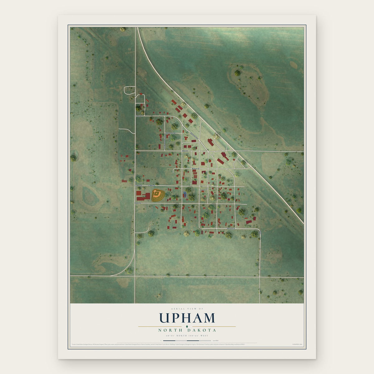 Upham, North Dakota map print, the full design