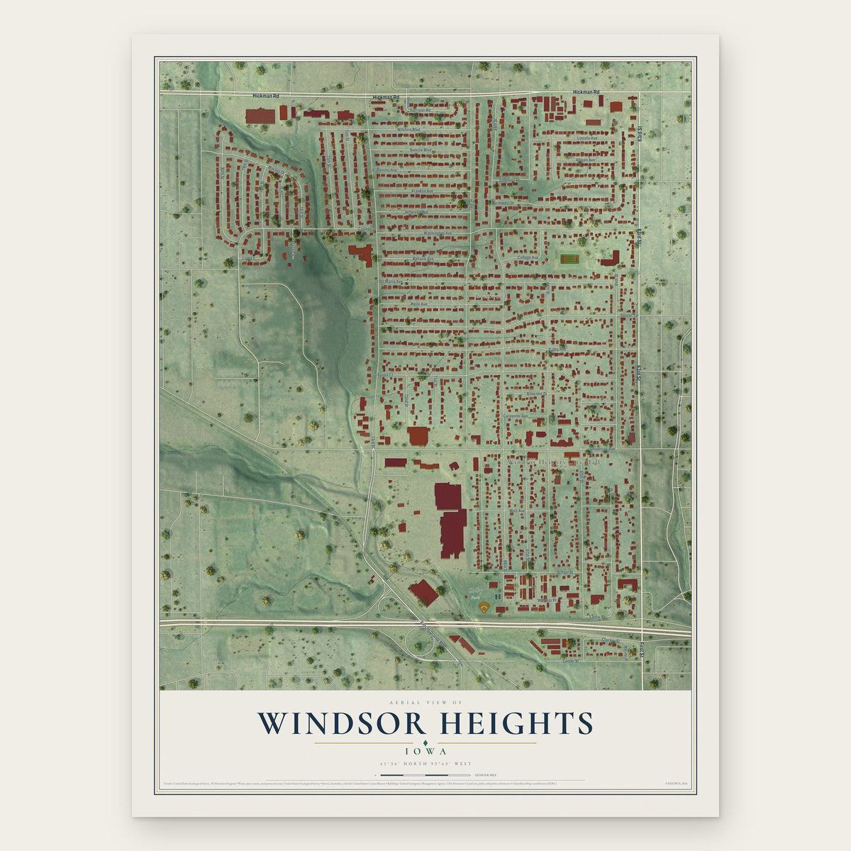 Windsor Heights, Iowa map print, the full design