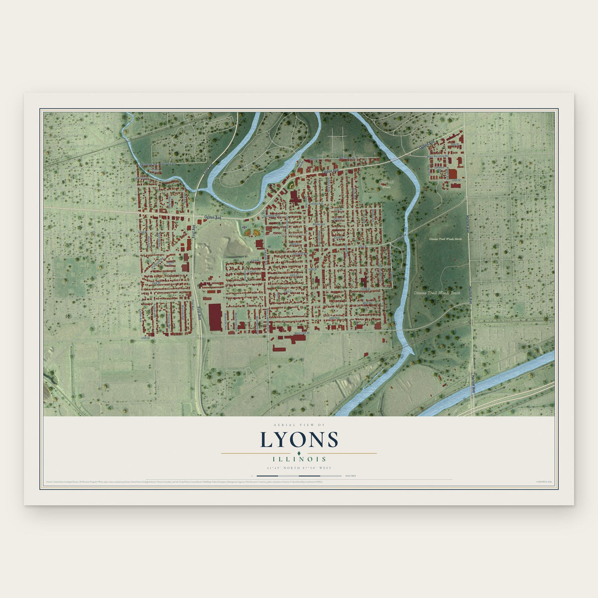 Lyons, Illinois map print, the full design