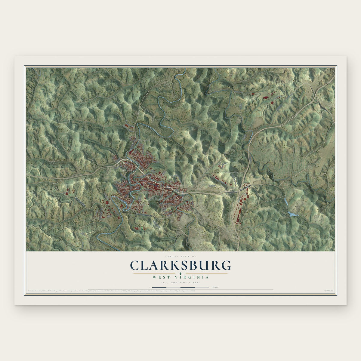 Clarksburg, West Virginia map print, the full design