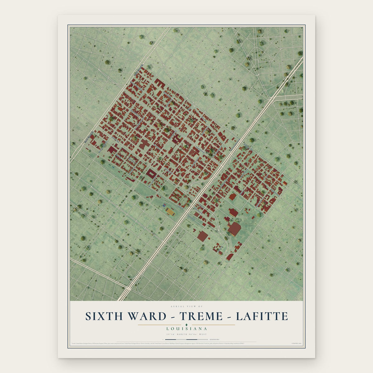 Sixth Ward - Treme - Lafitte, Louisiana map print, the full design