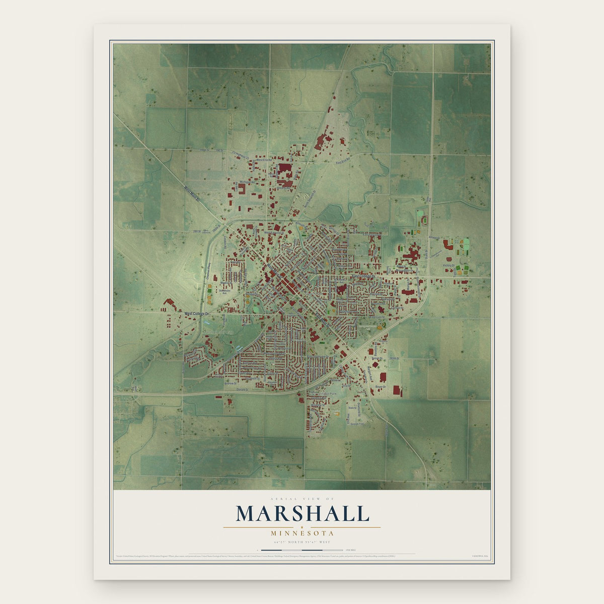 Marshall, Minnesota map print, the full design
