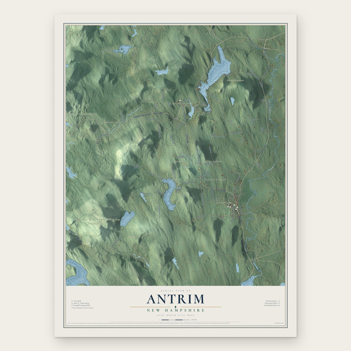 Antrim, New Hampshire map print, the full design