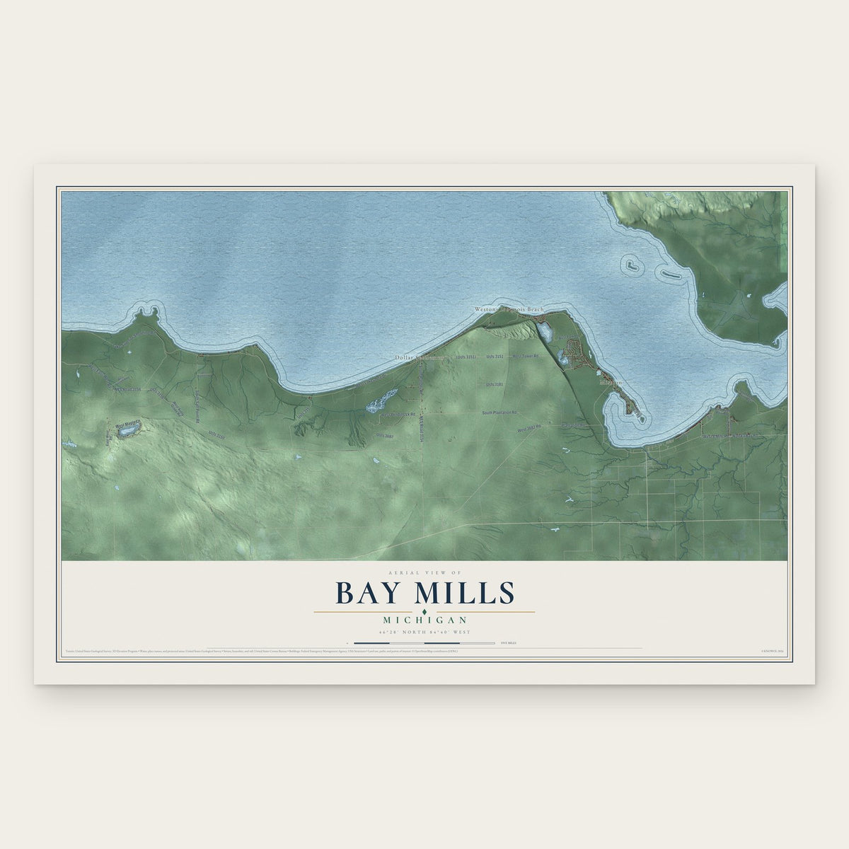 Bay Mills, Michigan map print, the full design