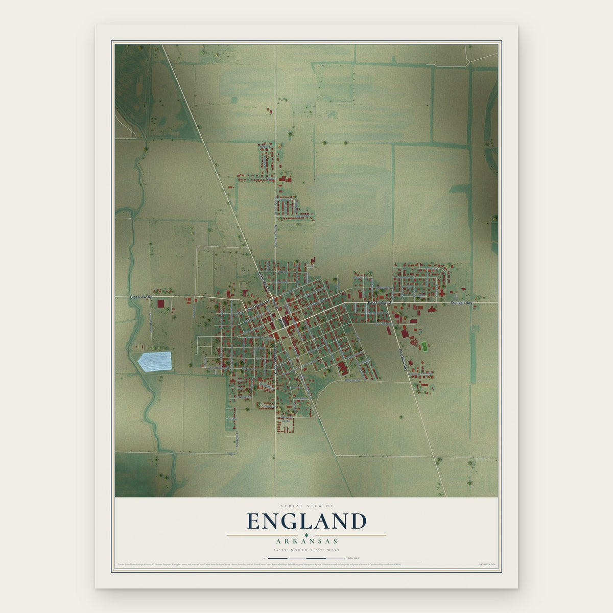 England, Arkansas map print, the full design
