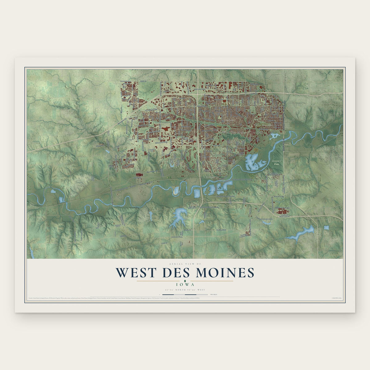 West Des Moines, Iowa map print, the full design