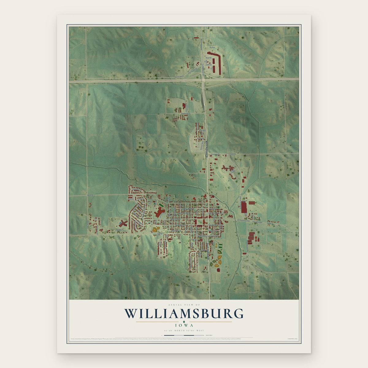 Williamsburg, Iowa map print, the full design