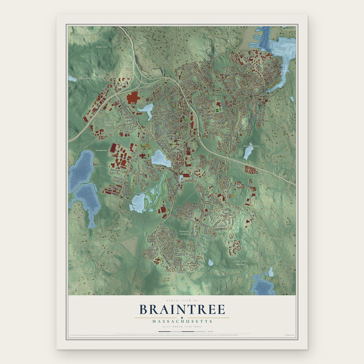 Braintree, Massachusetts map print, the full design