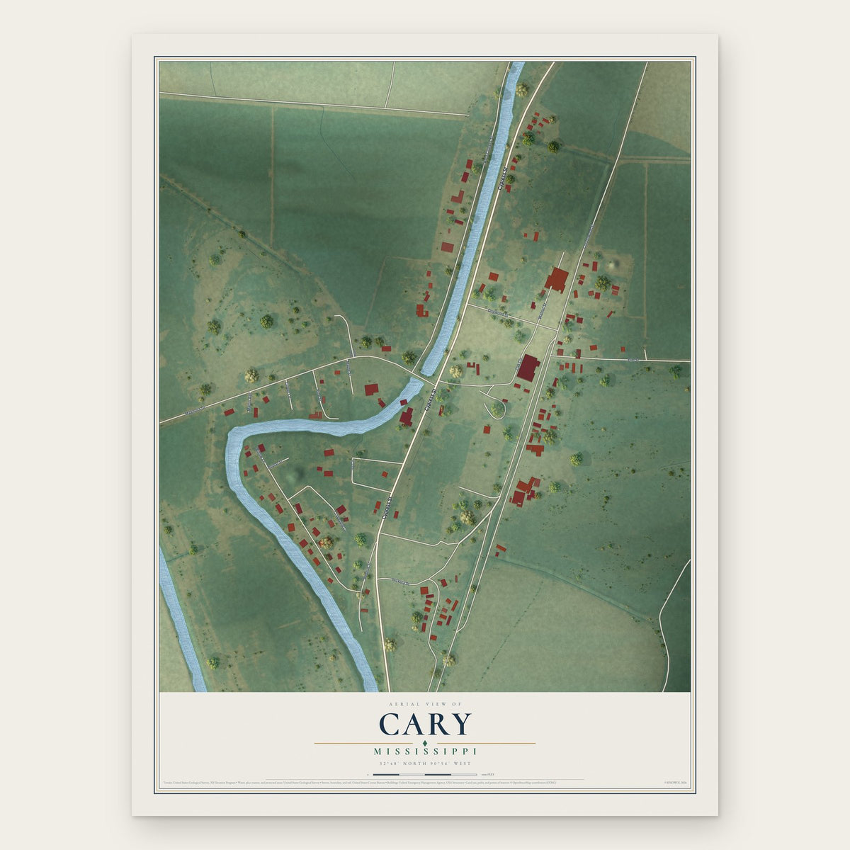 Cary, Mississippi map print, the full design