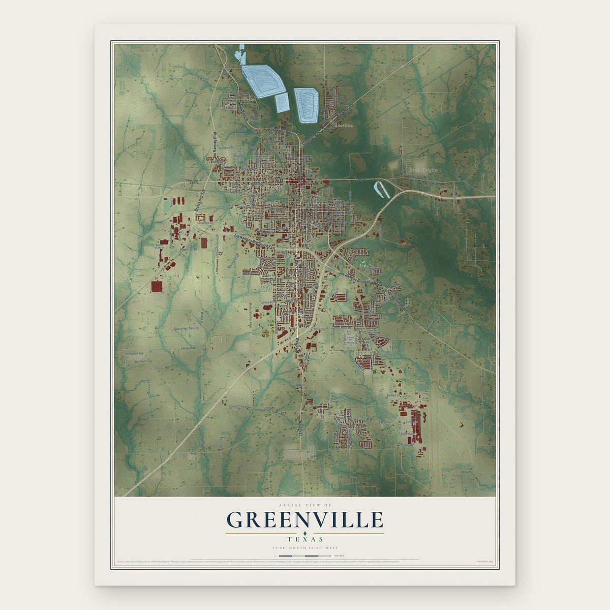 Greenville, Texas map print, the full design