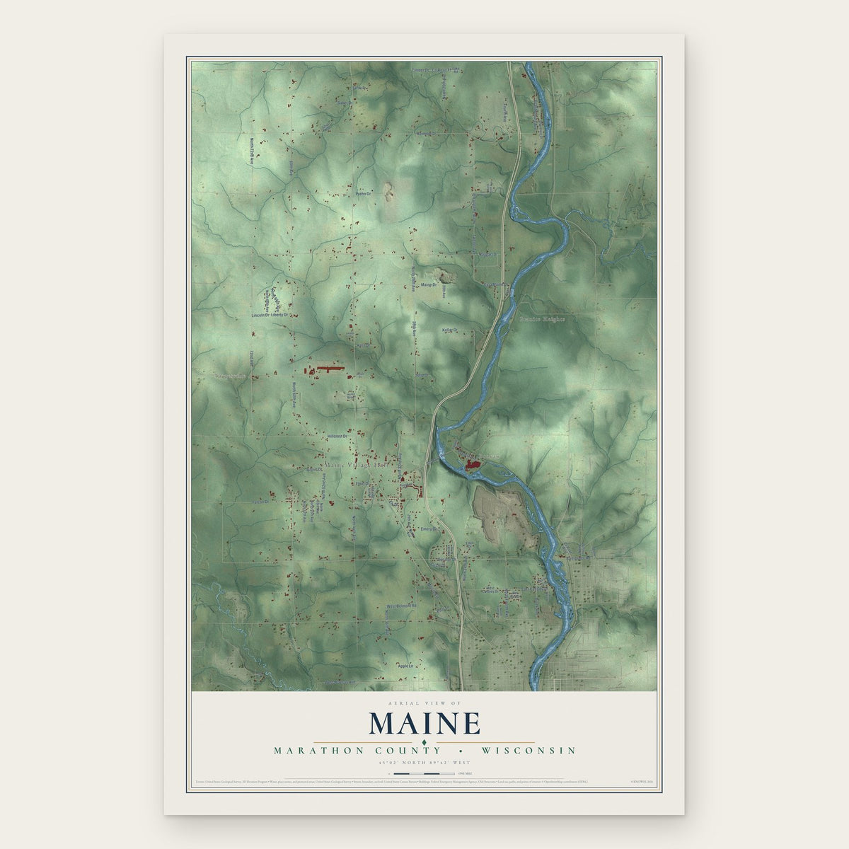 Maine, Marathon County, Wisconsin map print, the full design