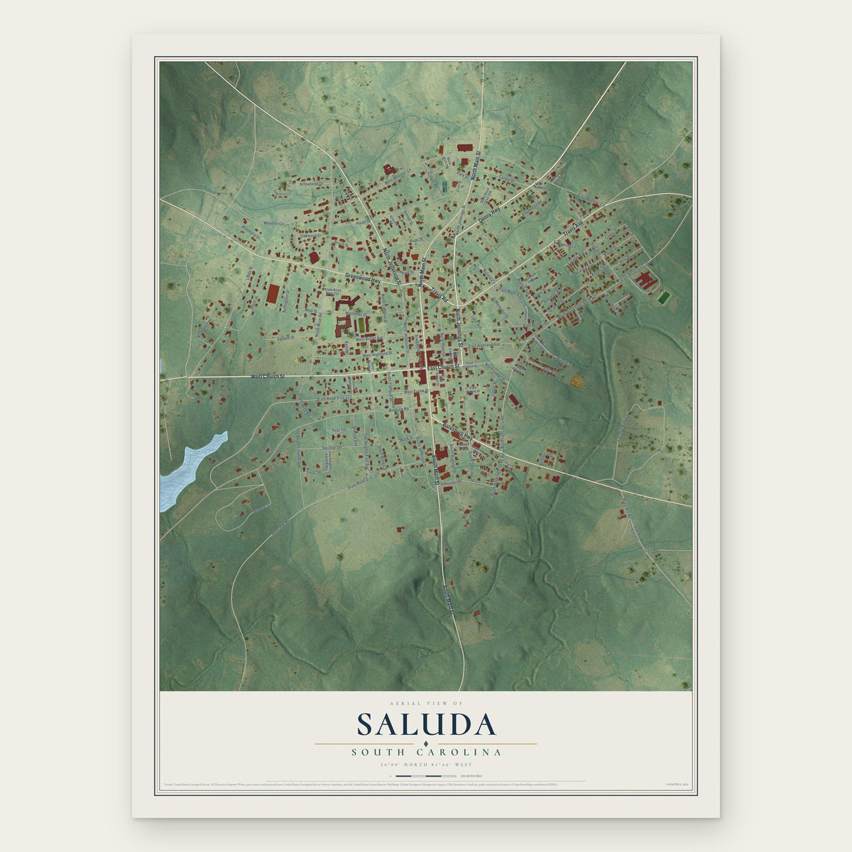Saluda, South Carolina map print, the full design