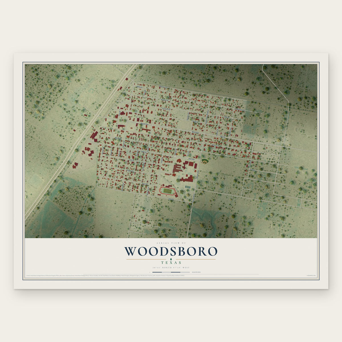 Woodsboro, Texas map print, the full design