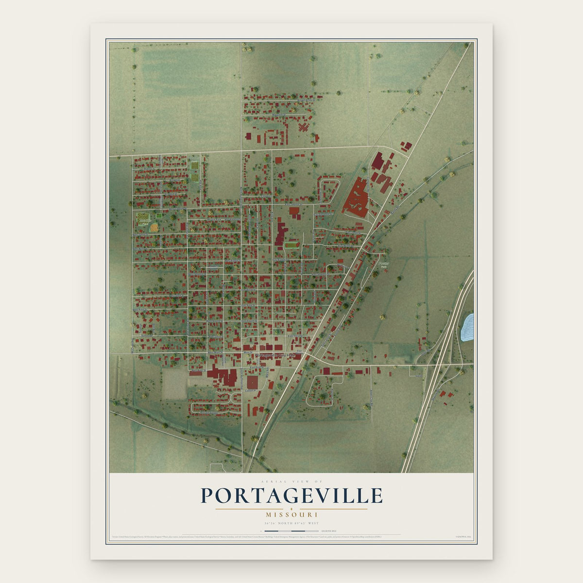 Portageville, Missouri map print, the full design