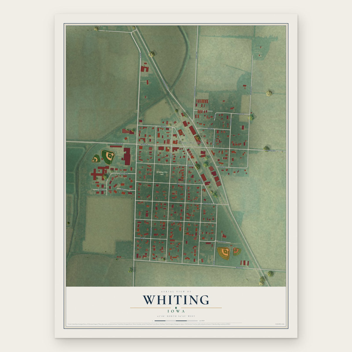 Whiting, Iowa map print, the full design
