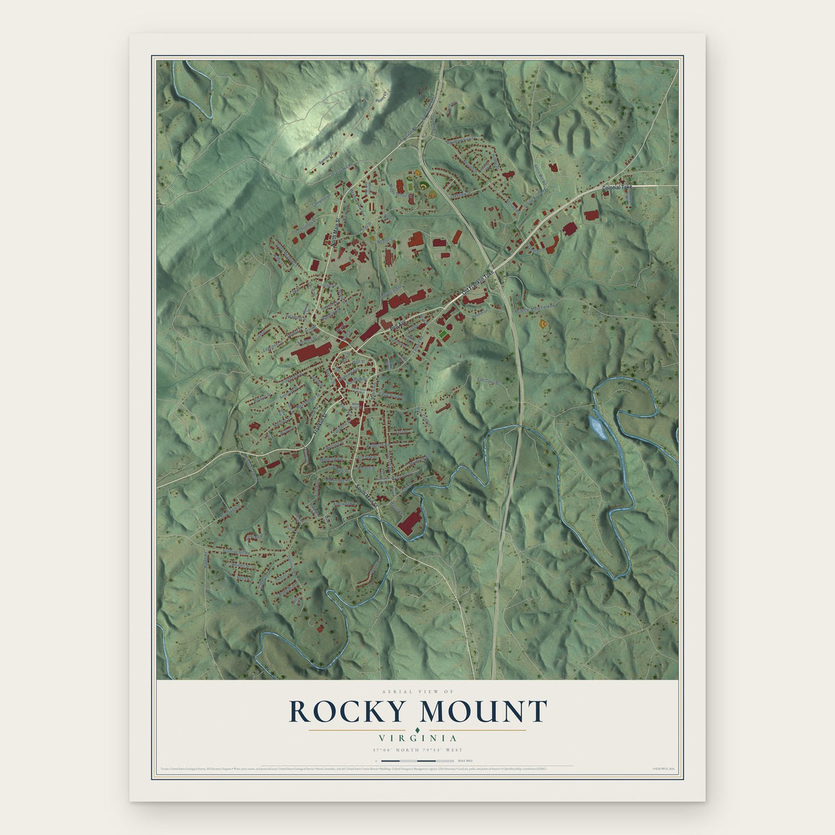Rocky Mount, Virginia map print, the full design