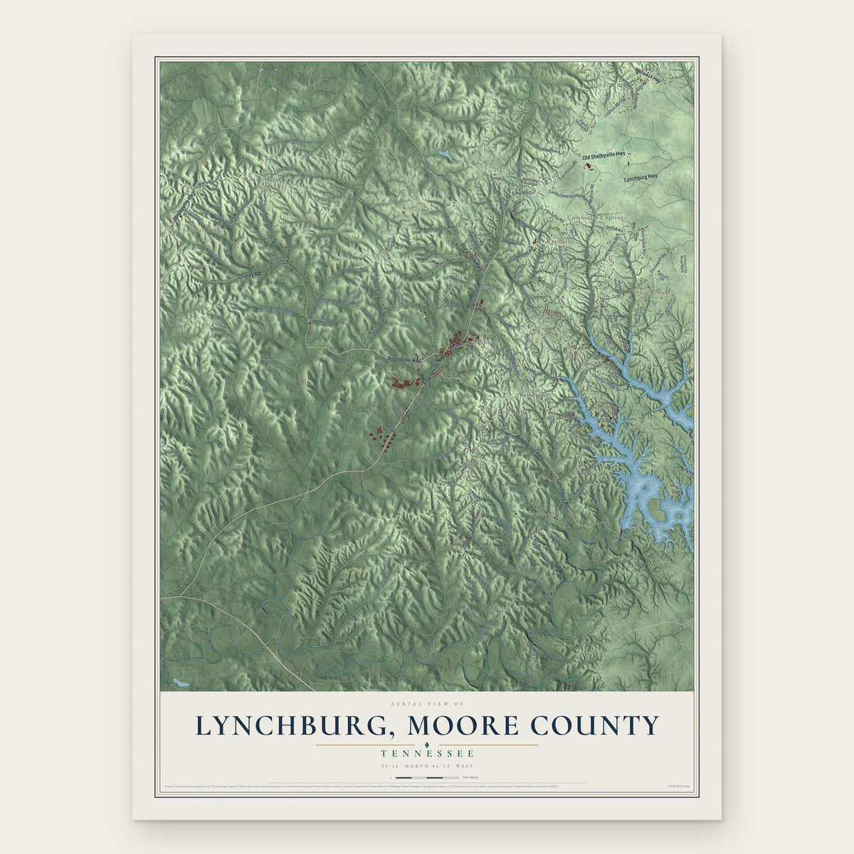 Lynchburg, Moore County, Tennessee map print, the full design