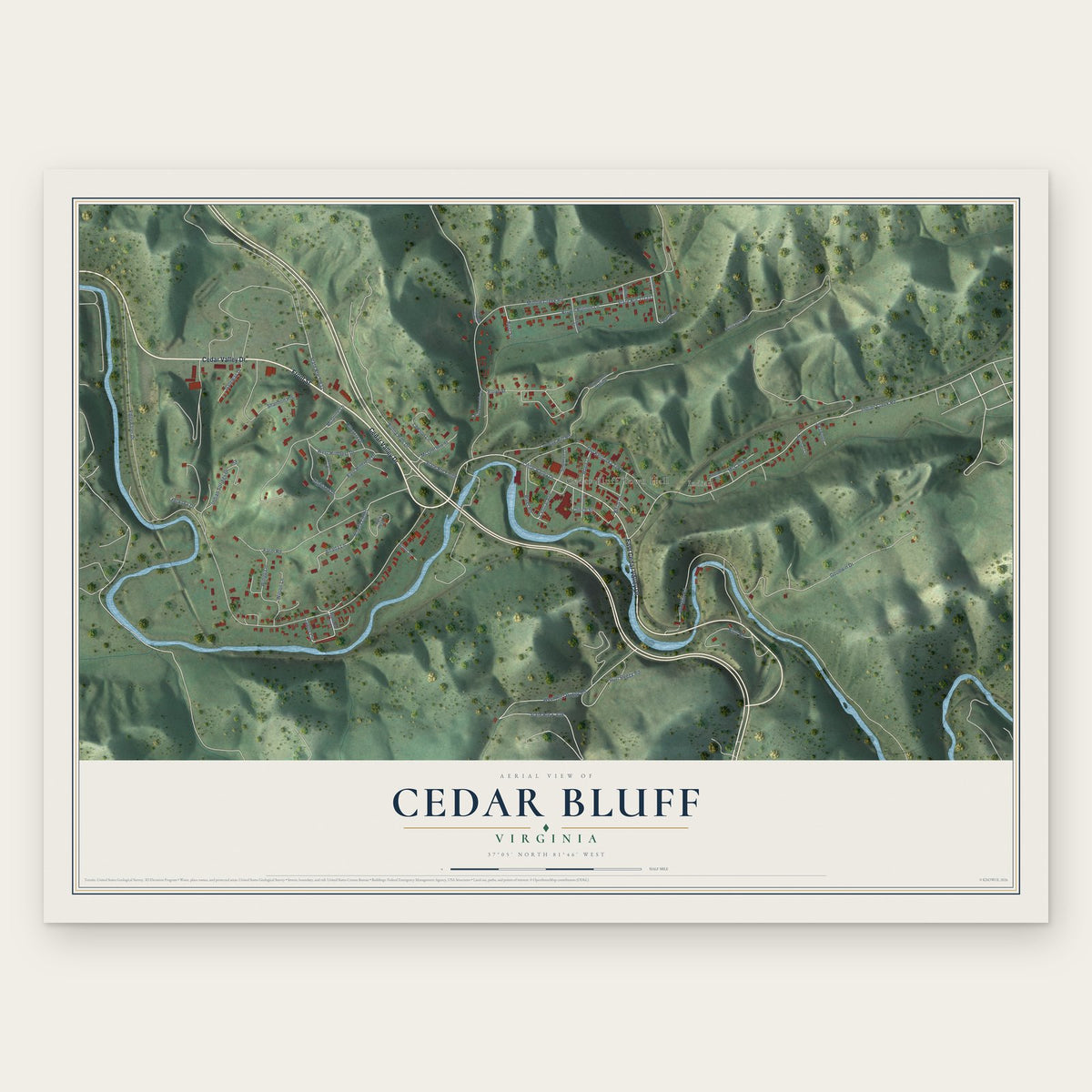 Cedar Bluff, Virginia map print, the full design
