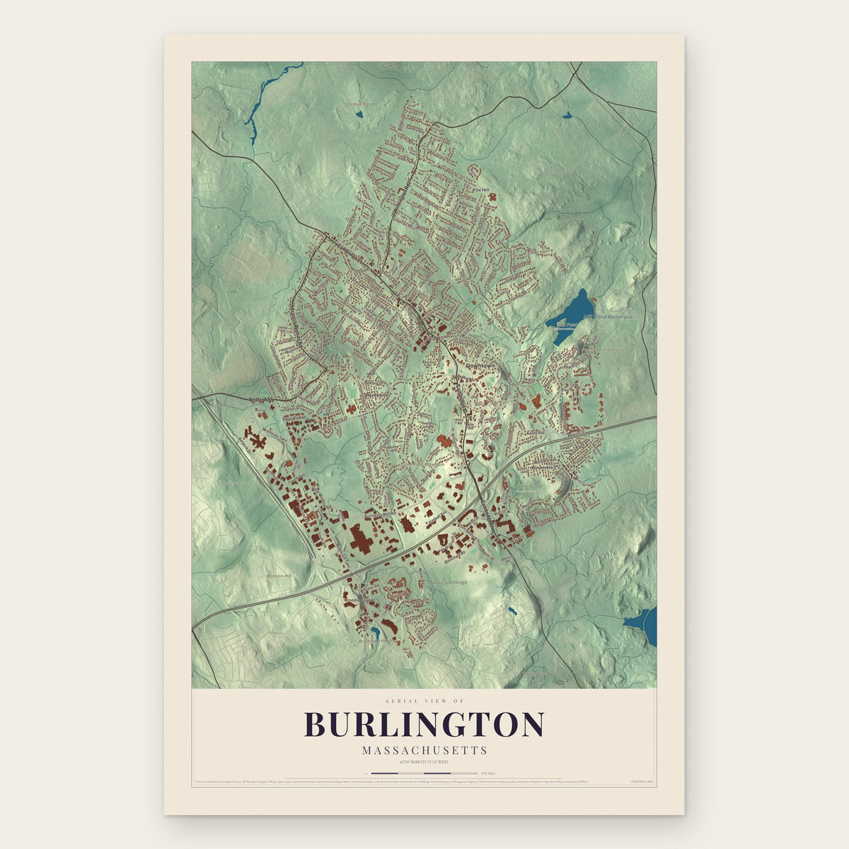 Burlington, Massachusetts map print, the full design