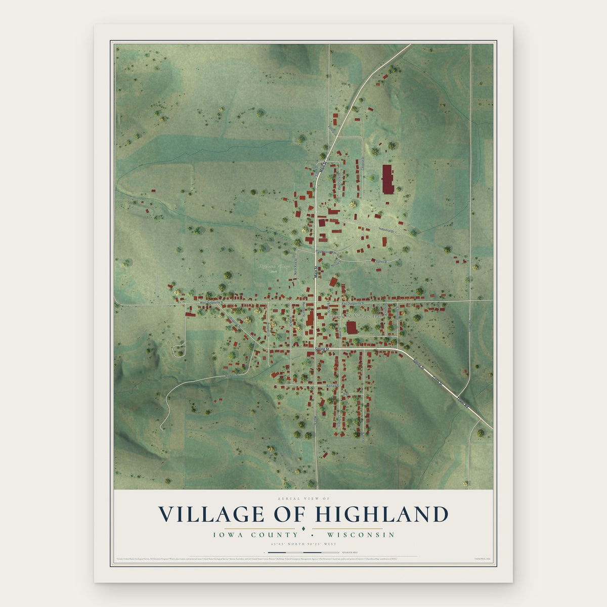 Highland, Wisconsin map print, the full design