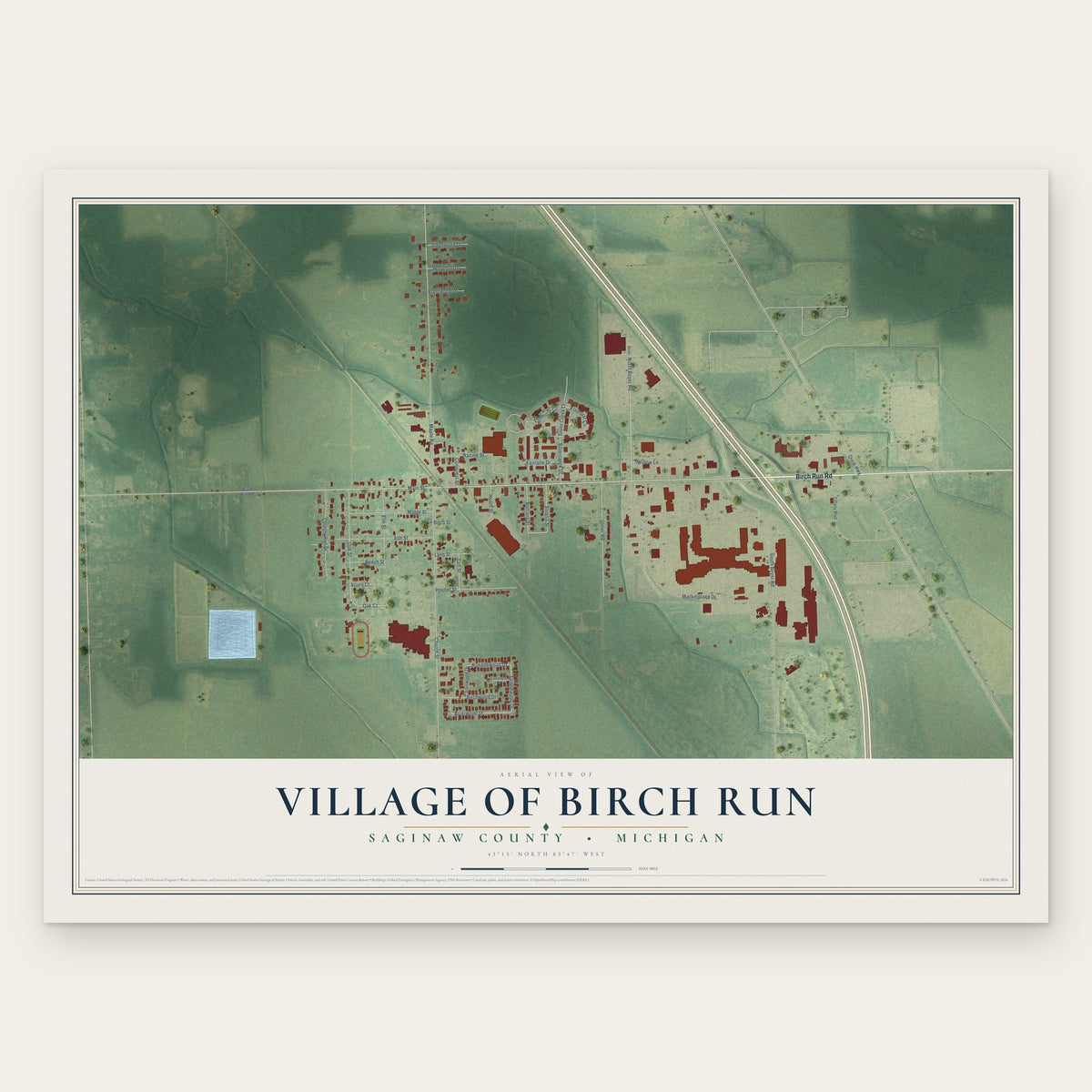 Birch Run, Michigan map print, the full design