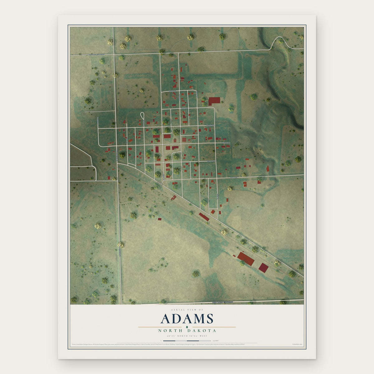 Adams, North Dakota map print, the full design