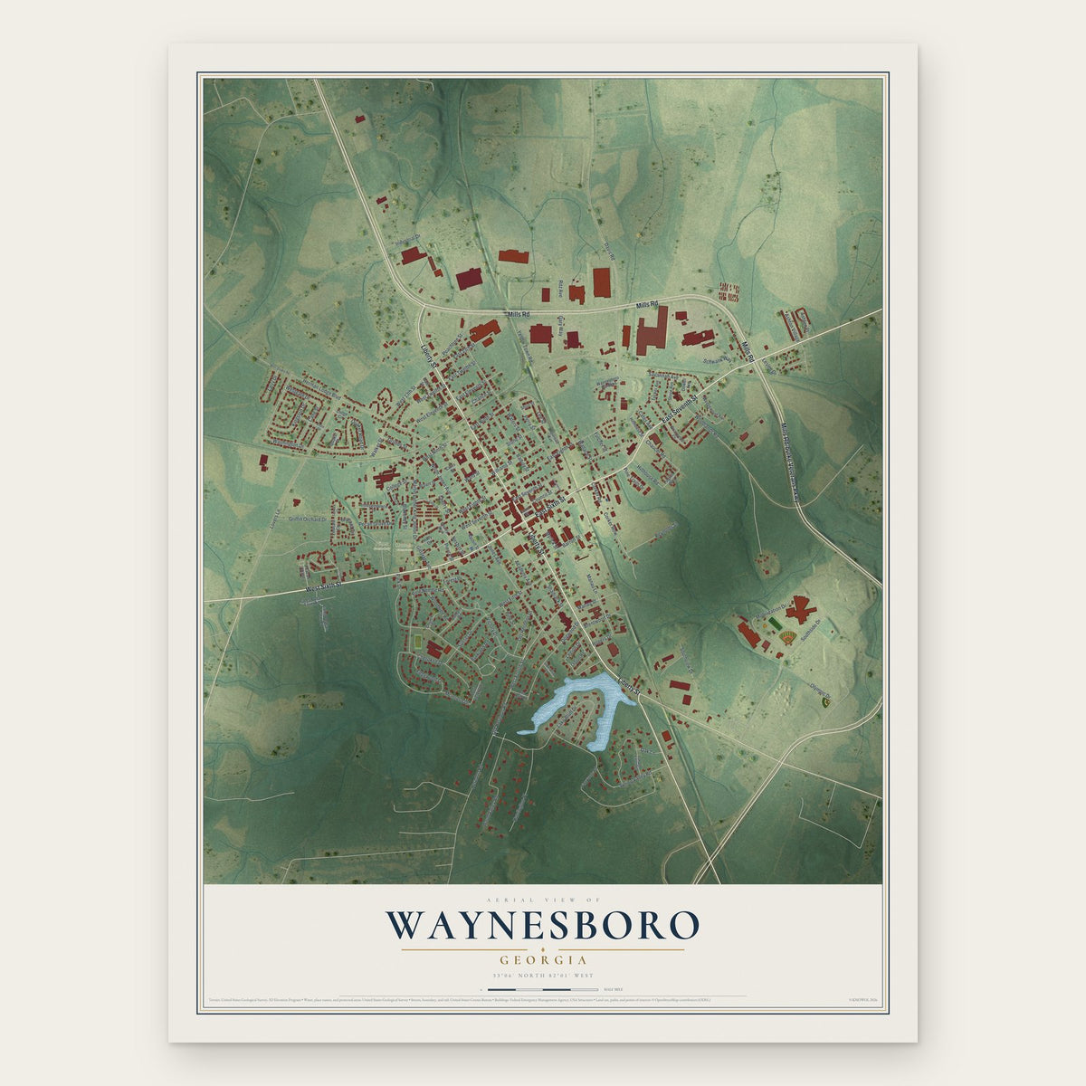 Waynesboro, Georgia map print, the full design