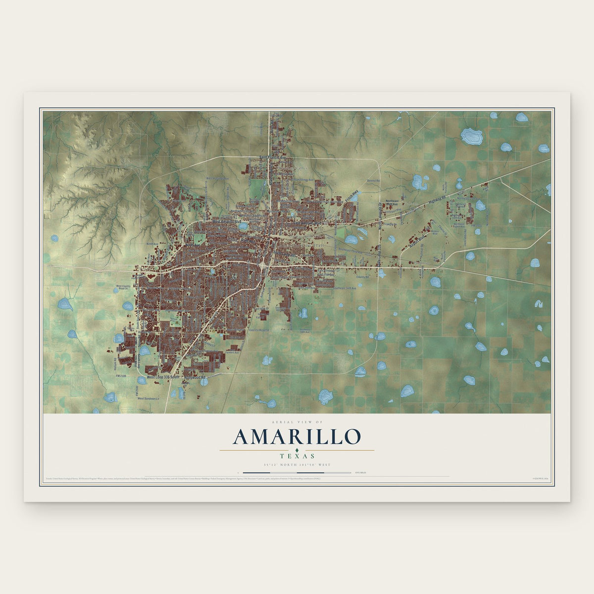Amarillo, Texas map print, the full design