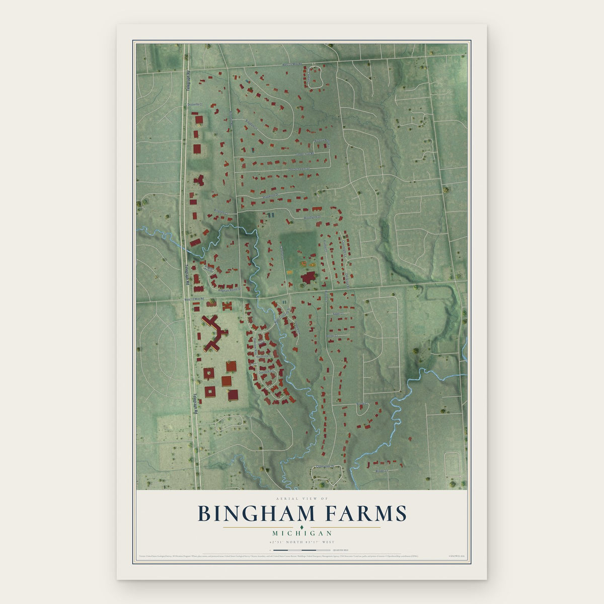 Bingham Farms, Michigan map print, the full design