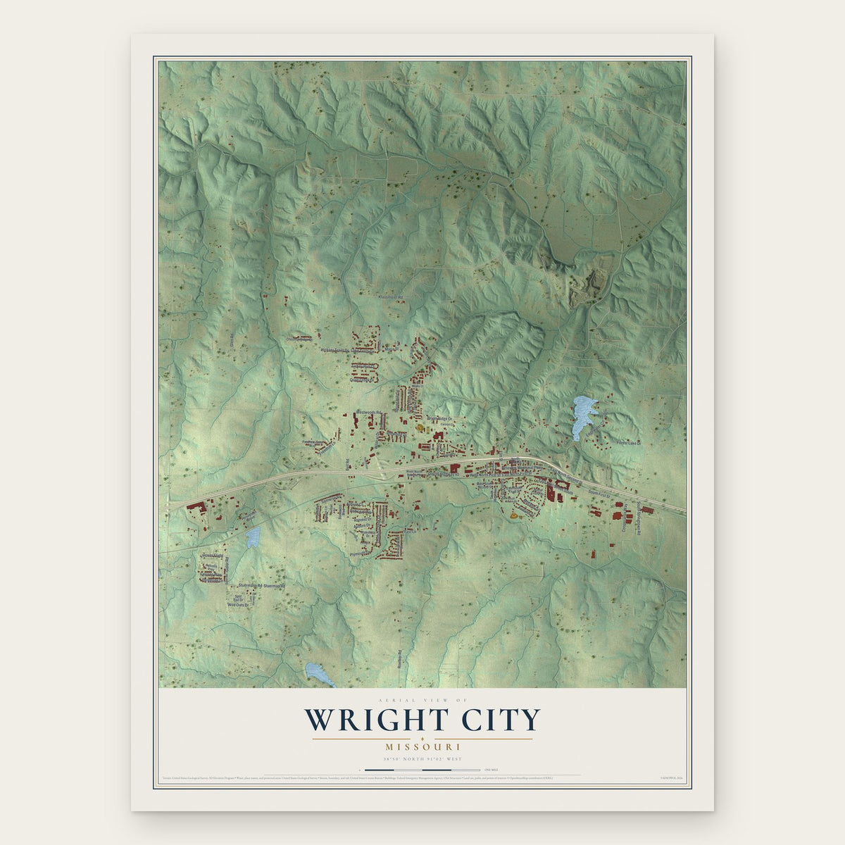 Wright City, Missouri map print, the full design