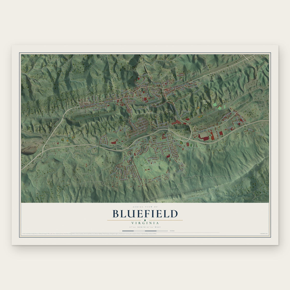 Bluefield, Virginia map print, the full design