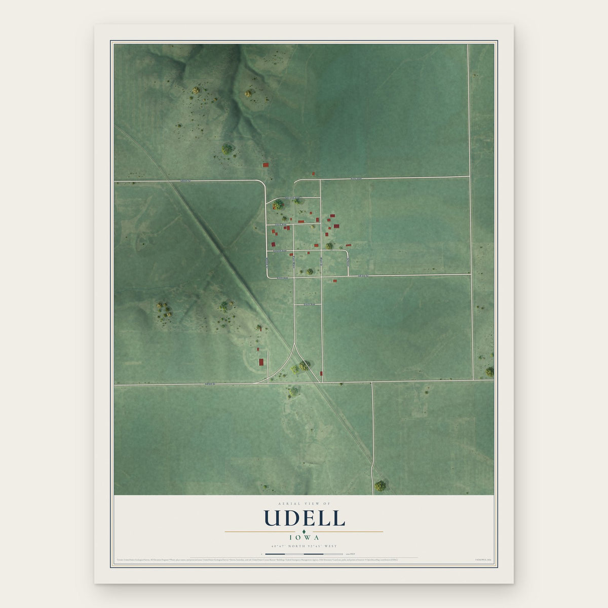 Udell, Iowa map print, the full design