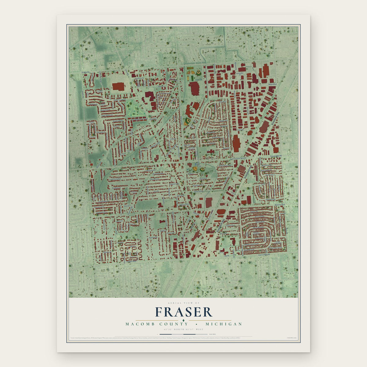 Fraser, Macomb County, Michigan map print, the full design