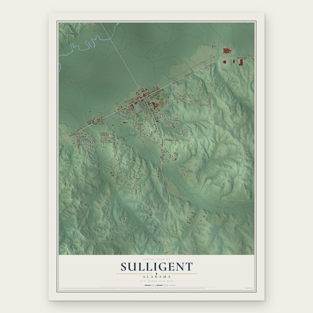 Sulligent, Alabama map print, the full design
