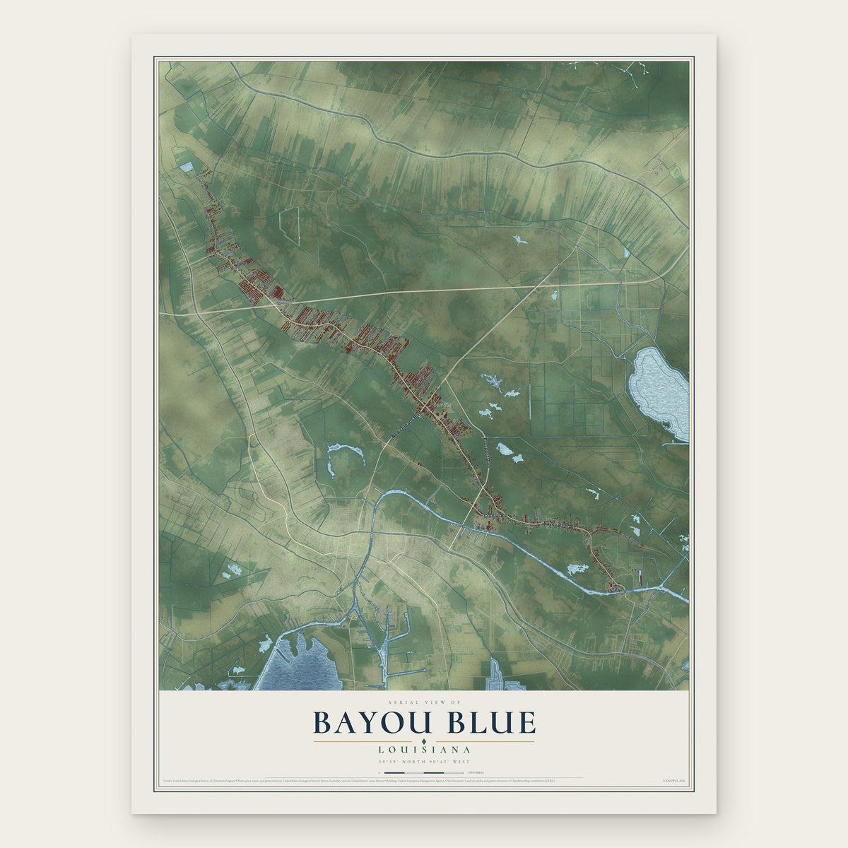 Bayou Blue, Louisiana map print, the full design
