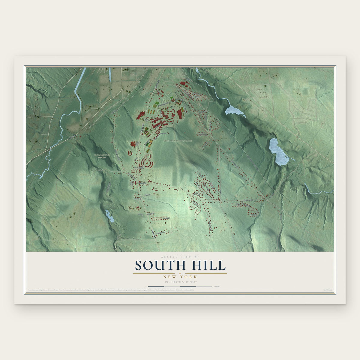 South Hill, New York map print, the full design