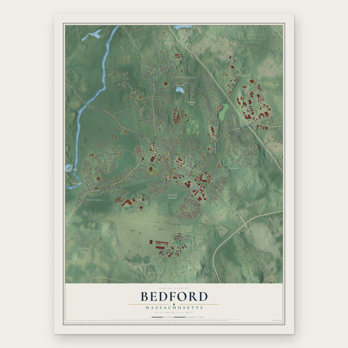Bedford, Massachusetts map print, the full design