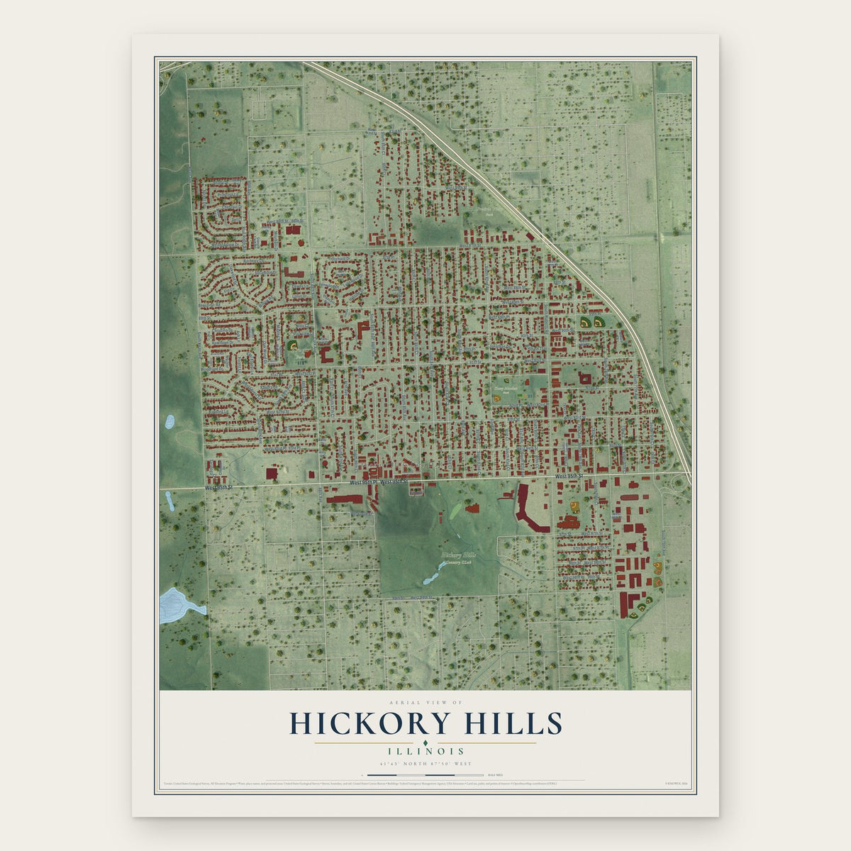 Hickory Hills, Illinois map print, the full design
