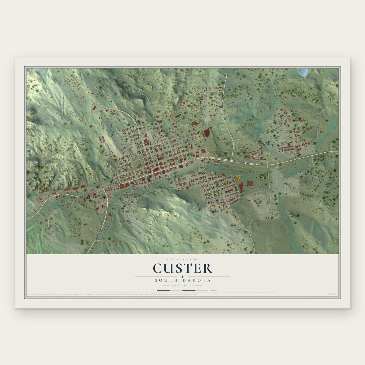 Custer, South Dakota map print, the full design