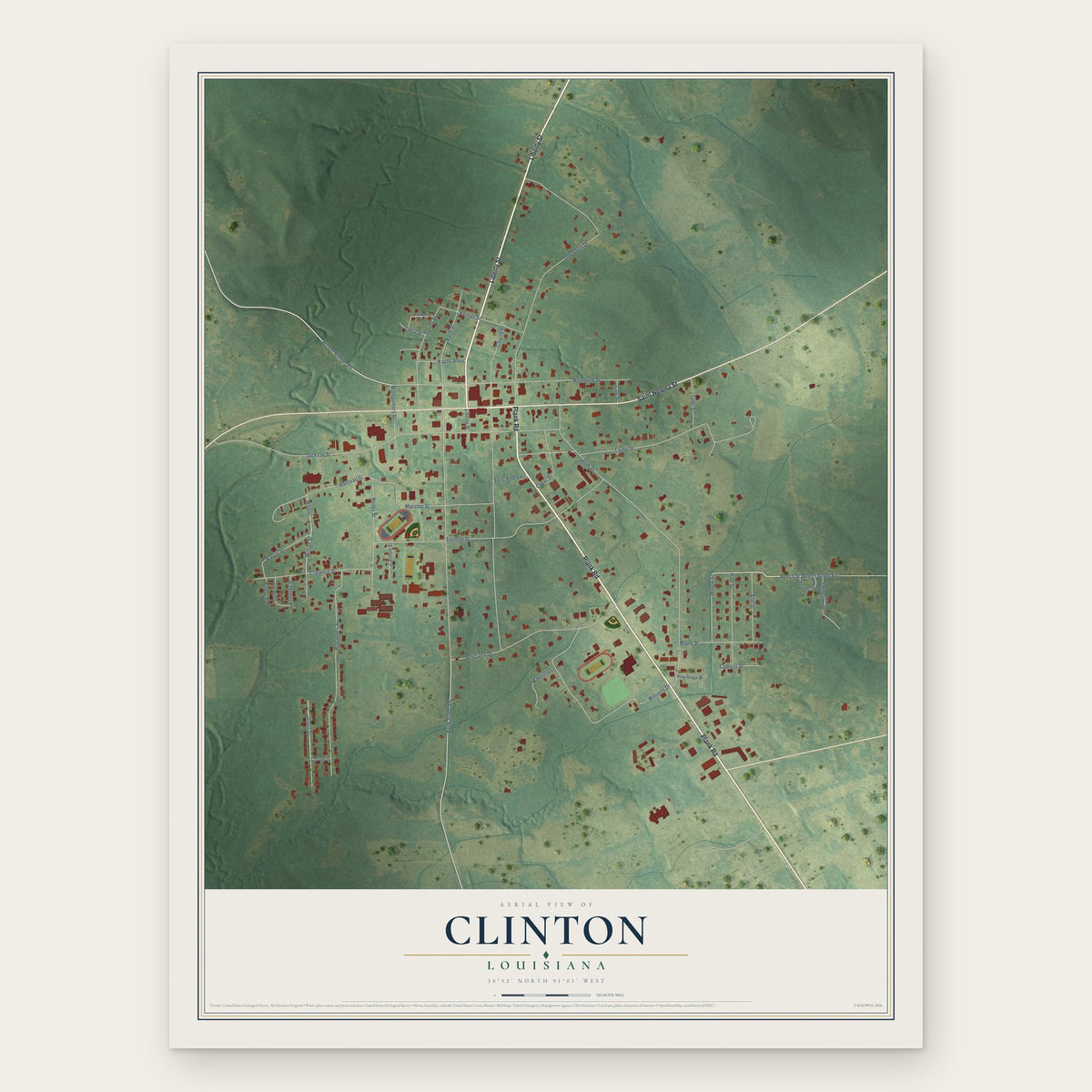 Clinton, Louisiana map print, the full design
